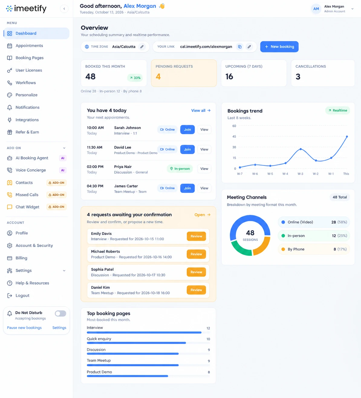 iMeetify scheduling dashboard with booking activity and upcoming appointments